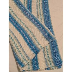 Vtg Handmade Crocheted Afghan Throw Baby Blanket Blue Green White‎ Stripes 48x58